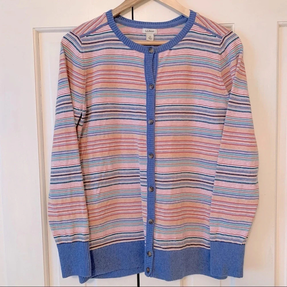L.L. Bean Multicolor Striped Cotton and cashmere Cardigan - Blue Trim